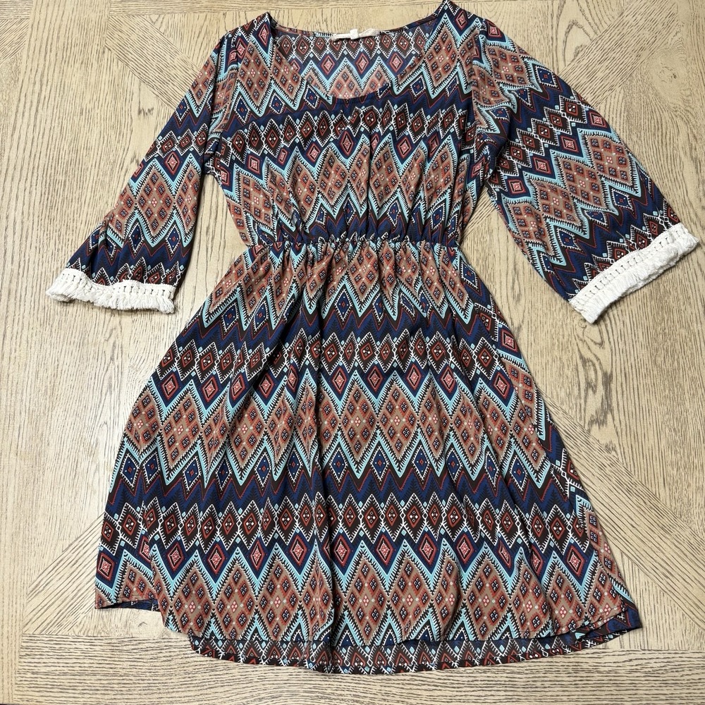 Altar'd‎ State Medium Long sleeve Fringe Hem Dress Aztec Navajo Print